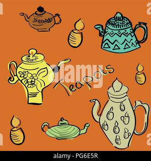 Seamless pattern with teapots and cups as wallpapers, gift wrap and scrapbook. Vector illustration. Stock Vector
