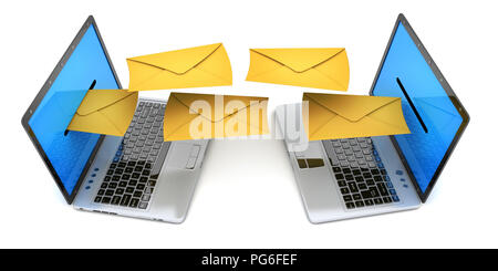 Two laptop and send email letter. 3d illustration Stock Photo