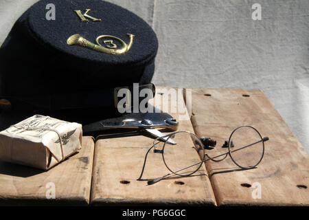 The Confederate Army camping during the American Civil War. Close-up of a soldier's personal belongings. Stock Photo