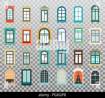 Retro wood or wooden window frames view isolated on house wall. Detailed plastic window with curtains or pot isolated. Architecture design outdoor or exterior view, building and home theme Stock Vector