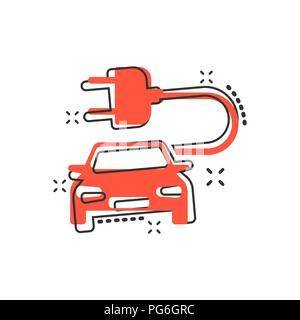 Vector cartoon electro car icon in comic style. Electric automobile vehicle illustration pictogram. Ecology car sedan splash effect concept. Stock Vector