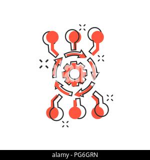 Vector cartoon algorithm api software icon in comic style. Gear with arrow concept illustration pictogram. Algorithm business splash effect concept. Stock Vector