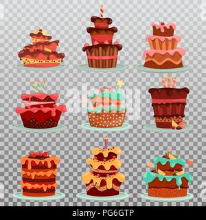 Isolated sweet and cakes, set of dessert food with candle. Pastry with cream and chocolate, icing and frosting, strawberry and lemon. Bakery and nutrition, cook and celebrate theme, Bakehouse banner Stock Vector