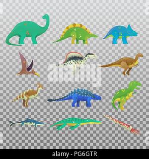 Set of isolated cartoon dinosaur or dino. T rex or t-rex, tyrannosaurus rex and stegosaurus, brachiosaurus and spinosaurus dino, cartoon saichania and pterodactyloidea dinosaur icon. Jurassic theme Stock Vector