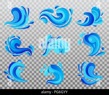 Set of isolated sea or ocean wave, river water icon, nature curvy or wavy symbol of liquid. Tidal gale shape with foam. Water stream or flow motion. Maritime or marine, nautical and oceanic theme Stock Vector