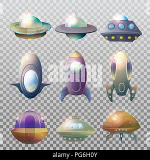 Set of isolated alien spaceships and rocket. Flying ufo technology for traveling trough universe, cartoon flight unidentified disk or aircraft, astronaut vessel. Cosmos and astronomy, galaxy theme Stock Vector