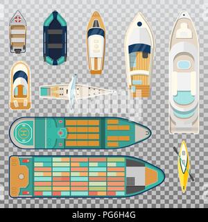 Top view on fisherman boats on water. River or sea, lake or pond with motor or wooden sailboat. Kayak with paddle and wherry with oar, sport ship. Fisherman and fishing sport, sailing theme Stock Vector