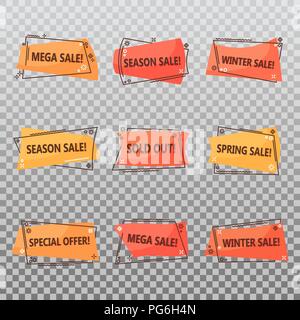 Seasonal clearance sale tags. Geometric or linear labels for discounts at spring or winter. Retail promotion sticker or special offer voucher, sold out announcement. Advertising and shopping theme Stock Vector