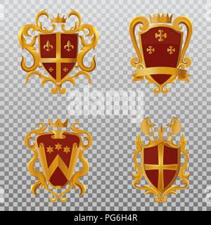 Set of isolated heraldic shields with ribbon and crown, halberd or swiss voulge, stars and crest. Victorian royal logo or old defence sign. Medieval and guarantee, guard and safety theme Stock Vector