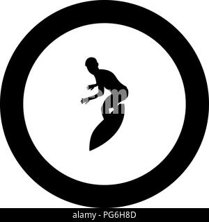 Surfer on surferboard icon black color in round circle vector I Stock Vector
