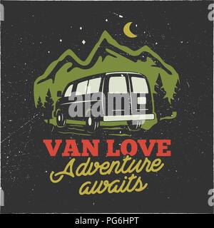 Vintage hand drawn camp logo badge. Van love - adenture awaits quote. Happy camper in mountains concept. Perfect for T-Shirt, mug, sticker. Stock vector emblem isolated on dark background Stock Vector