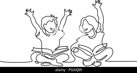Continuous one line drawing. Happy kids reading open books sitting on floor. Vector illustration Stock Vector