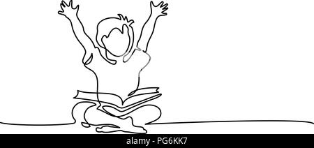 Continuous one line drawing. Happy boy reading open books sitting on floor. Vector illustration Stock Vector