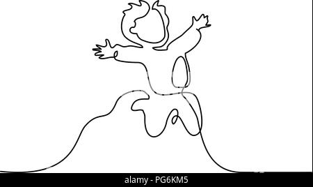 Continuous one line drawing. Happy boy pupil running and jumping. Vector illustration. Concept for logo, card, banner, poster flyer Stock Vector