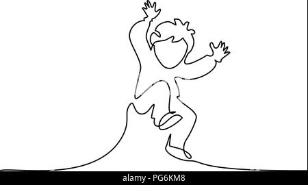 Continuous one line drawing. Happy boy pupil running and jumping. Vector illustration. Concept for logo, card, banner, poster flyer Stock Vector