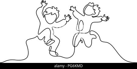 Continuous one line drawing. Happy boys pupil running and jumping. Vector illustration. Concept for logo, card, banner, poster flyer Stock Vector