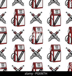 Gas station pump with sparking-plug seamless design. Vintage hand drawn oil station pattern. Stock vector background isolated on white Stock Vector
