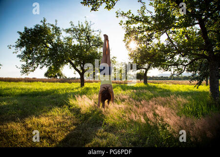 Young girl doing handstand on meadow at summer evening Stock Photo