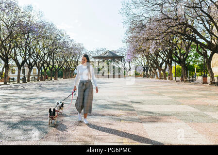 Spain, Andalusia, Jerez de la Frontera, Woman walking with two dogs on square Stock Photo