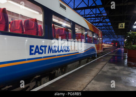 East Midlands trains class 158 express sprinter train at Crewe clearly showing the East Midlands Trains logo Stock Photo