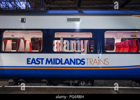 East Midlands trains class 158 express sprinter train at Crewe clearly showing the East Midlands Trains logo Stock Photo