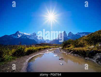 View towards Paine Grande and Cuernos del Paine, Torres del Paine National Park, Patagonia, Chile Stock Photo