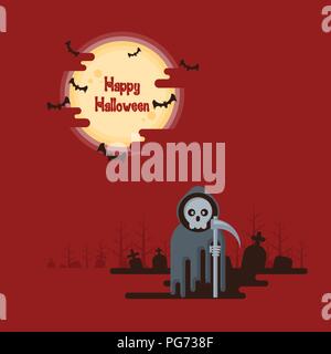 Happy Halloween, grim reaper standing with scythe at night in a graveyard under glowing full moon and flying bats with dark shadow on red background i Stock Vector