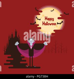 Happy Halloween, vampire standing at night in a forest under glowing full moon and flying bats with dark castle and shadow on red background in cartoo Stock Vector