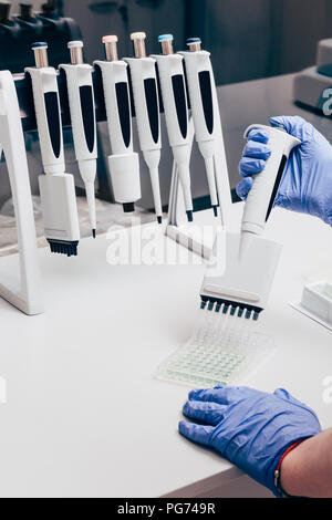 partial view of scientist using multichannel pipette at working table with flasks in modern laboratory Stock Photo