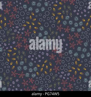 Hand Drawn Foliage, Flowers and Marks, Mimicking Embroidery Stitches, on Dark Background Floral Vector Seamless Pattern. Feminine Simplistic Flowers a Stock Vector