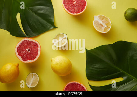 top view of palm tree leaves, grapefruits and lemons on yellow surface Stock Photo