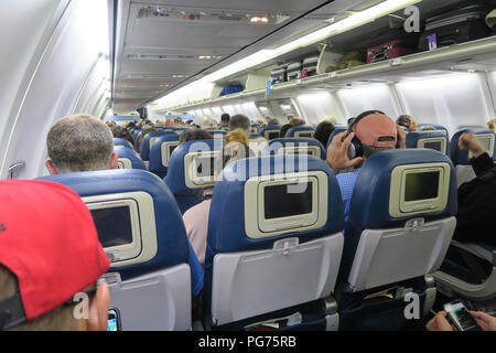 Passenger Cabin on a Delta Airline Flight, USA Stock Photo