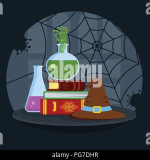 Magical books, poisonous potion and bewitched hat Stock Vector