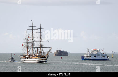 The Italian Navy training ship Amerigo Vespucci arrives into Portsmouth Harbour, where she will be open to public at the Portsmouth Historical Dockyard. Stock Photo