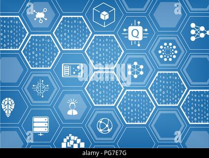 Quantum Computing vector illustration on blue background with hexagonal shapes and icons Stock Vector