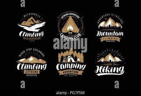 Climbing, camping logo or emblem. Hiking label set. Vintage vector Stock Vector