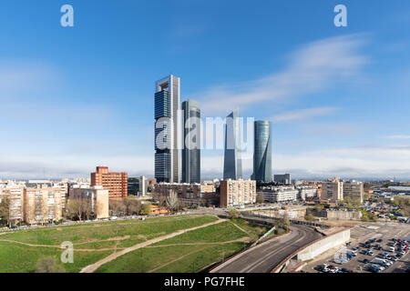 Madrid cityscape at daytime. Landscape of Madrid business building at Four Tower. Modern high building in business district area at Spain. Stock Photo