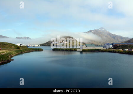 Part of the city of Unalaska, also known as Dutch Harbor, surrounded by mountains and the Bering Sea, Unalaska Island, Aleutian archipelago, Alaska.
