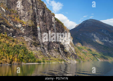 Diminished flow of the Seven Sisters Waterfall in autumn, More og Romsdal, Norway. Stock Photo