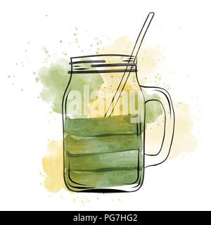 Hand drawn green smoothie jar in watercolor style, vector format Stock Vector