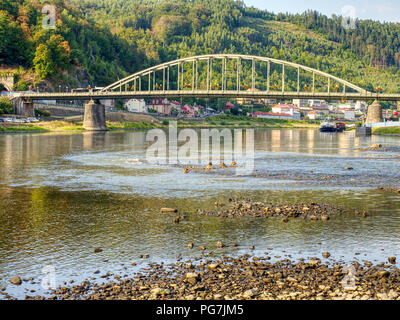 Dried out river bed of the Elbe near town Decin, Czech Republic, summer 2018. Dry land by the biggest river in Czech and Germany. Stock Photo