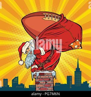 American football ball. Santa Claus with gifts climbs into the c Stock Vector