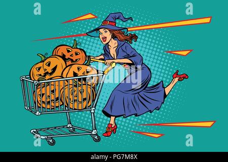 Halloween witch pumpkins. shopping cart trolley sale Stock Vector
