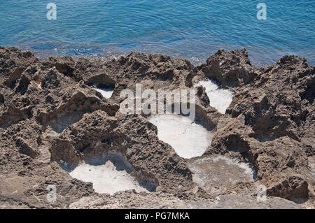 Beautiful natural coast landscape with salt cavities in rocks and turquoise blue water in Mallorca, Spain. Stock Photo