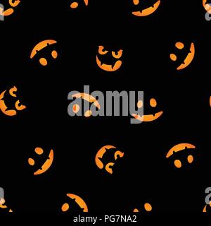 Pumpkin faces glowing on dark background. Seamless pattern. Stock Vector