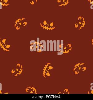 Pumpkin faces glowing on red background. Seamless pattern. Stock Vector
