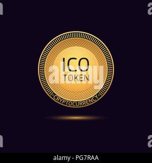 Cryptocurrency golden Coin in Blockchain technology. Vector illustration, logotype or concept of Digital Cryptocurrency Token for Initial Coin Offerin Stock Vector