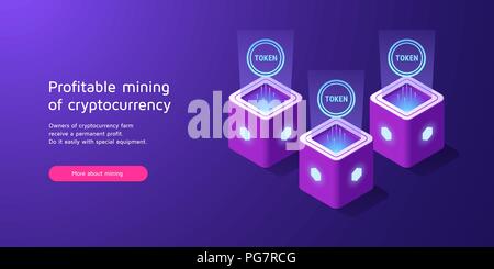 Mining of cryptocurrency, Blockchain technology. Vector illustration of Token mining, concept of blockchain Equipment in Isometric style for Landing p Stock Vector