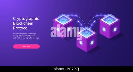 Cryptographic protocol of Data exchange in Blockchain technology. Vector illustration of Cryptocurrency Transactions in Isometric style for blockchain Stock Vector