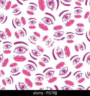 Girly eyes and lips seamless pattern. Vector illustration isolated on white background. Stock Vector